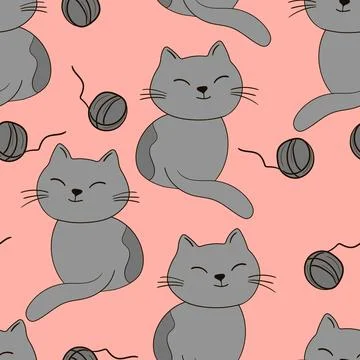 Seamless pattern with cute kitten print. Different scandy cats on color 스톡 일러스트