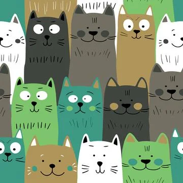 Seamless pattern with cute kitten print. Different scandy cats on color 스톡 일러스트