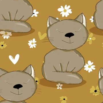 Seamless pattern with cute kitten print. Different scandy cats on color 스톡 일러스트