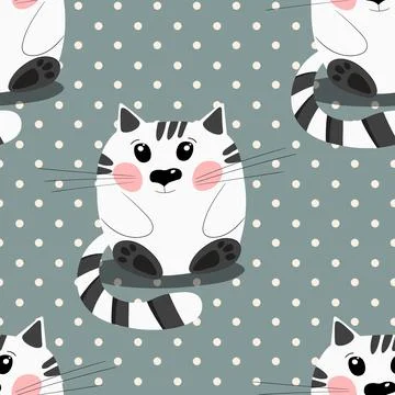 Seamless pattern with cute kitten print. Different scandy cats on color Stock Illustration