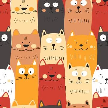 Seamless pattern with cute kitten print. Different scandy cats on color 스톡 일러스트