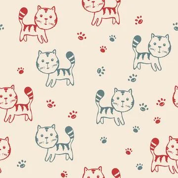Seamless pattern with cute kitten print. Different scandy cats on color 스톡 일러스트