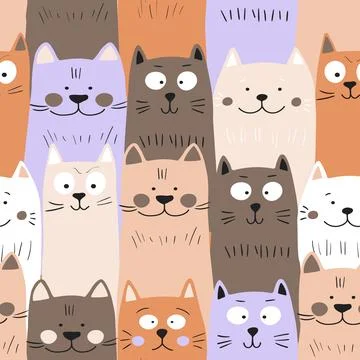 Seamless pattern with cute kitten print. Different scandy cats on color 스톡 일러스트
