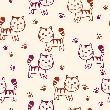 Seamless pattern with cute kitten print. Different scandy cats on color 스톡 일러스트