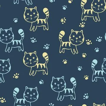 Seamless pattern with cute kitten print. Different scandy cats on color 스톡 일러스트