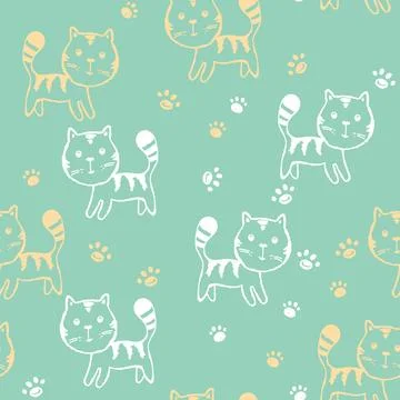 Seamless pattern with cute kitten print. Different scandy cats on color 스톡 일러스트