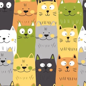 Seamless pattern with cute kitten print. Different scandy cats on color Stock Illustration