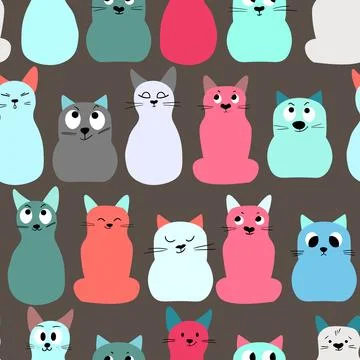 Seamless pattern with cute kitten print. Different scandy cats on color 스톡 일러스트