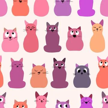 Seamless pattern with cute kitten print. Different scandy cats on color 스톡 일러스트