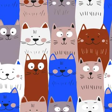 Seamless pattern with cute kitten print. Different scandy cats on color 스톡 일러스트