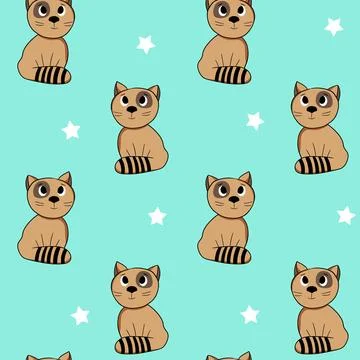 Seamless pattern with cute kitten print. Different cats on color background 스톡 일러스트