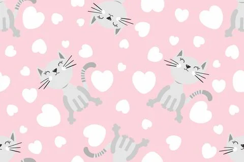 Seamless pattern with cute Kittens and hearts. Creative childish pink texture Stock Illustration