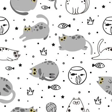 Seamless pattern with cute kittens. Creative childish texture. Great for fabric 스톡 일러스트
