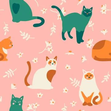 Seamless pattern with cute kittens, leaves and flowers. Stock Illustration