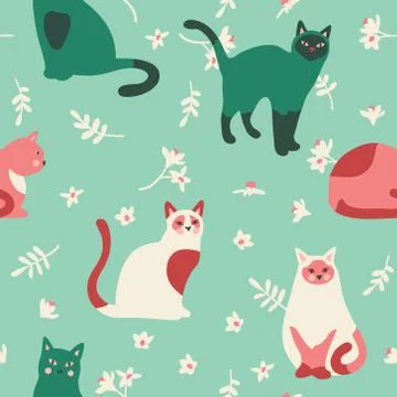 Seamless pattern with cute kittens, leaves and flowers. Stock Illustration