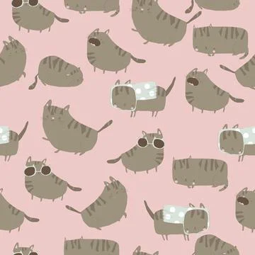Seamless Pattern with Cute Kittens on Pink Background Stock Illustration