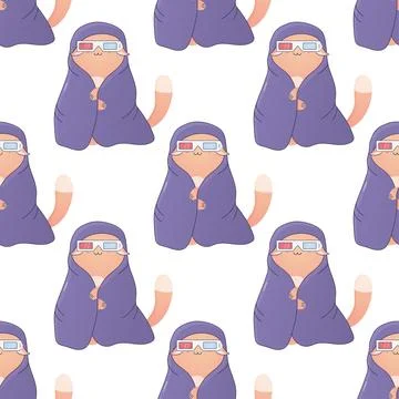 Seamless pattern cute kitty in a blanket wearing 3d glasses Stock Illustration