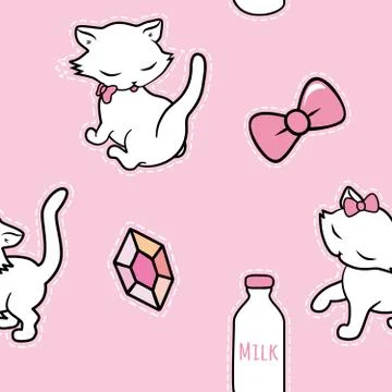Seamless pattern with cute kitty stickers isolated on pink background. Vector Stock Illustration