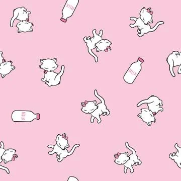 Seamless pattern with cute kitty stickers isolated on pink background. Vector Stock Illustration