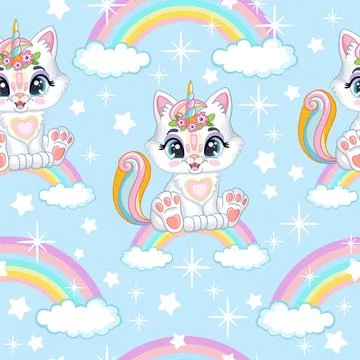 Seamless pattern cute kitty unicorn vector illustration Stock Illustration