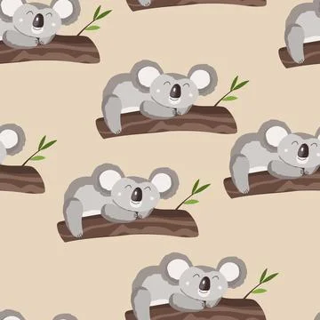 Seamless pattern with cute koala baby on color background. Funny australian Stock Illustration
