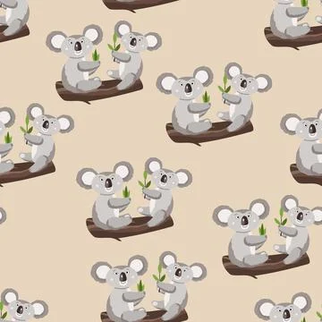 Seamless pattern with cute koala baby on color background. Funny australian Stock Illustration