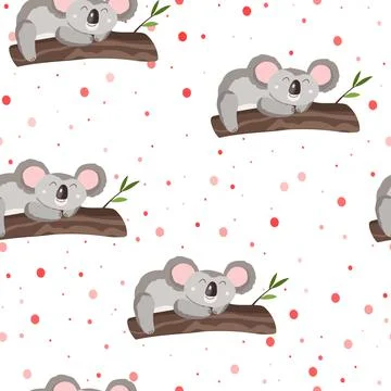 Seamless pattern with cute koala baby and hearts on white polka dots background Stock Illustration