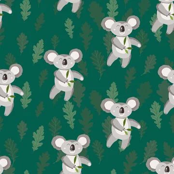 Seamless pattern with cute koala baby and leaves on color background. Funny イラスト素材