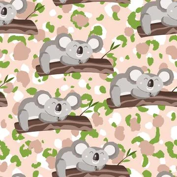 Seamless pattern with cute koala baby on colorful camouflage background. Funny Stock Illustration