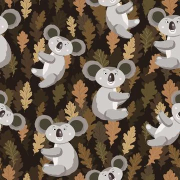 Seamless pattern with cute koala baby and leaves on color background. Funny イラスト素材