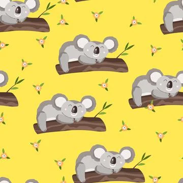 Seamless pattern with cute koala baby and flowers on color background. Funny Stock Illustration