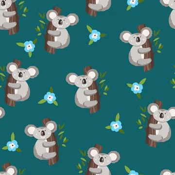 Seamless pattern with cute koala baby and flowers on color background. Funny 库存插图