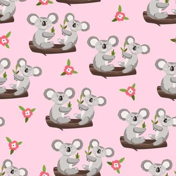 Seamless pattern with cute koala baby and flowers on color background. Funny Illustrazione stock