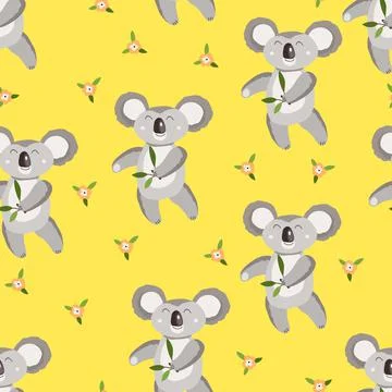 Seamless pattern with cute koala baby and flowers on color background. Funny Stock Illustration