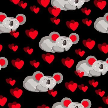 Seamless pattern with cute koala baby and hearts on dark background. Funny Stock Illustration