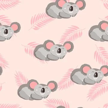 Seamless pattern with cute koala baby and leaves on color background. Funny Stock Illustration