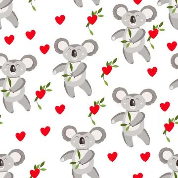 Seamless pattern with cute koala baby and hearts on white background. Funny Stock Illustration