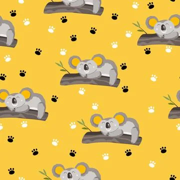 Seamless pattern with cute koala baby and footprint on color background. Funny イラスト素材
