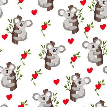Seamless pattern with cute koala baby and hearts on white background. Funny イラスト素材