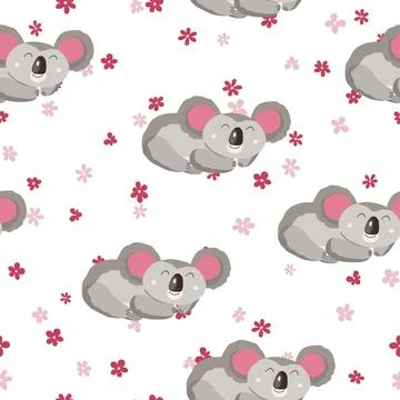 Seamless pattern with cute koala baby and flowers on light background. Funny Stock Illustration