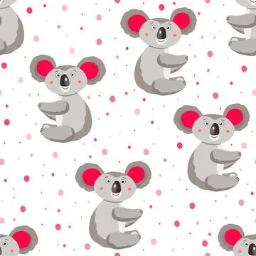 Seamless pattern with cute koala baby and hearts on polka dots background. Funny イラスト素材