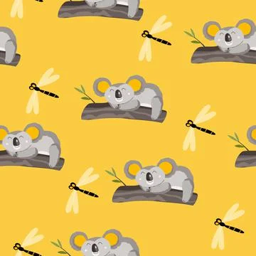Seamless pattern with cute koala baby and dragonfly on color background. Funny Stockillustratie