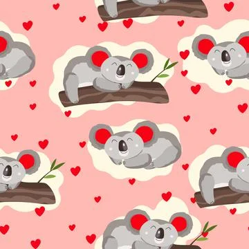 Seamless pattern with cute koala baby and hearts on color background. Funny Illustrazione stock