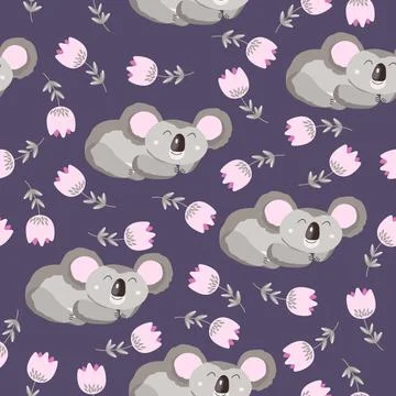Seamless pattern with cute koala baby and flowers on color background. Funny Stock Illustration