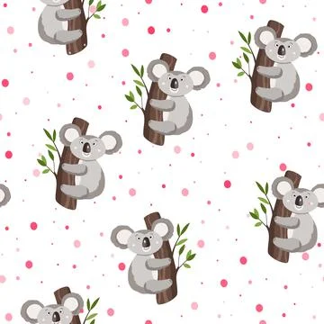 Seamless pattern with cute koala baby and hearts on white polka dots background イラスト素材