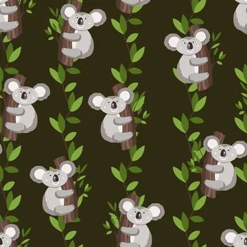 Seamless pattern with cute koala baby and leaves on color background. Funny イラスト素材