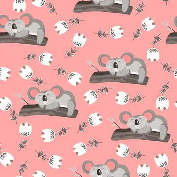 Seamless pattern with cute koala baby and flowers on color background. Funny イラスト素材