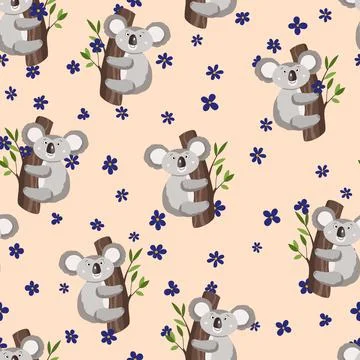 Seamless pattern with cute koala baby and flowers on color background. Funny Stock Illustration