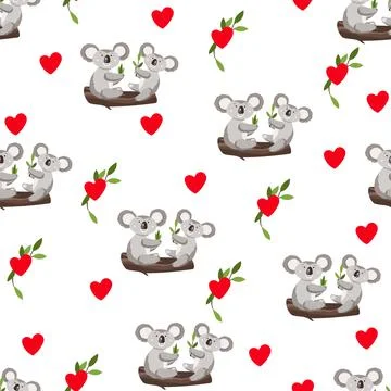 Seamless pattern with cute koala baby and hearts on white background. Funny Stock Illustration