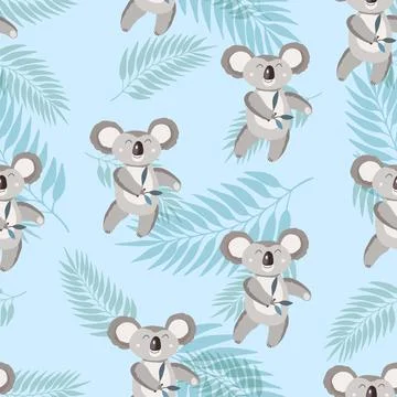 Seamless pattern with cute koala baby and leaves on color background. Funny イラスト素材
